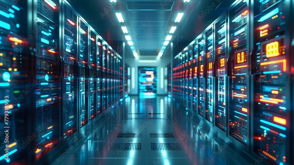 Data center abstract background, database within terminal storage, hardware server room, cloud computing, and network hosting within a rack system.