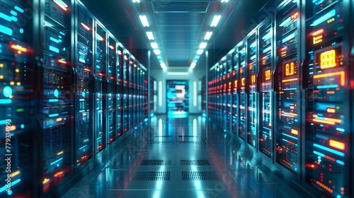 Data center abstract background  database within terminal storage  hardware server room  cloud computing  and network hosting within a rack system.
