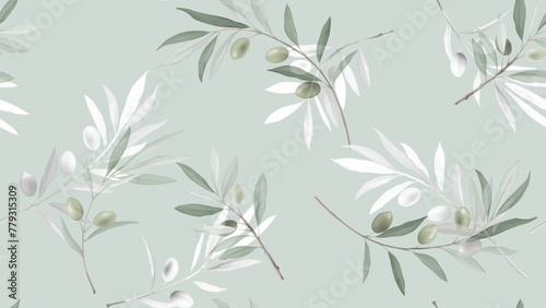 Seamless pattern, olive leaf branch on green background