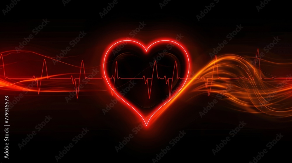 Red neon heart with heartbeat wave on dark backdrop - A captivating digital illustration of a red neon heart with a background of a pulsating heartbeat wave