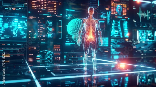 Detailed anatomy study via virtual interface - A high-definition digital visualization of the human body showing muscular and skeletal systems with futuristic on-screen health data