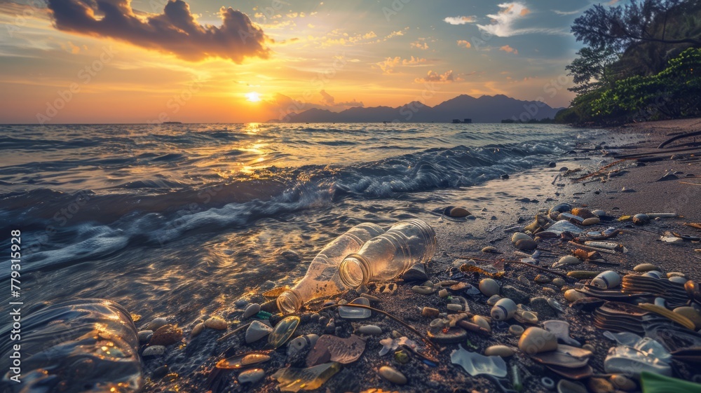 Sunset beach with plastic pollution issue - A vivid sunset over a beach ...
