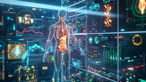 Futuristic human anatomy interface visualization - An advanced human anatomy holographic projection showcasing various body systems with dynamic data overlays © Tida