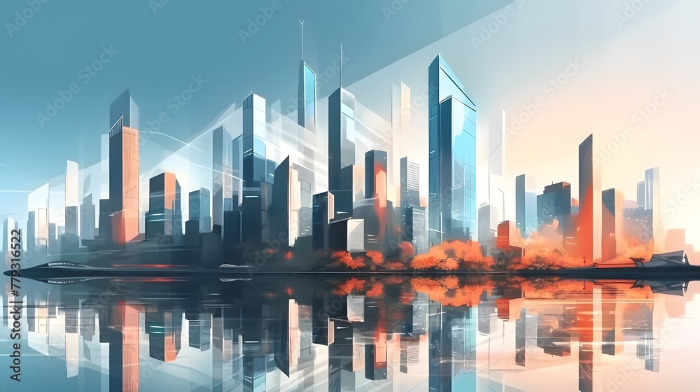 Fototapeta premium Skyscrapers abstract background at sunset or sunrise, intricate geometric pattern of towering structures, detailed perspective graphic painting of buildings, Architectural illustration for financial, 