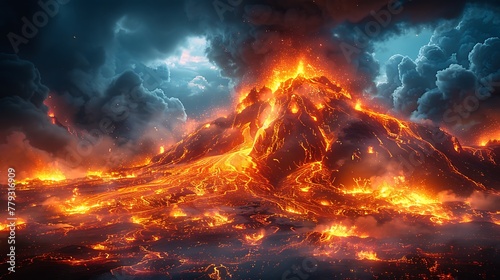 A fiery volcano erupting at night  with lava flowing down its slopes and ash filling the sky.