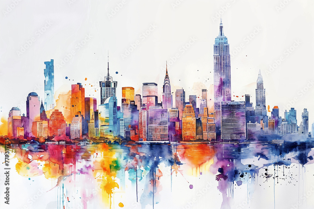 Abstract watercolour wash painting of the skyline of New York. America. Vibrant watercolor painting on thick white paper. Empire State Building included.
