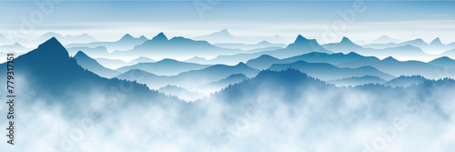 Mountain ranges in the fog, panoramic view, vector illustration