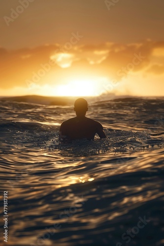 Swimmer in vast ocean, wide shot, sunset colors, serene solitude, minimalistic HD, tranquil 3D render, 