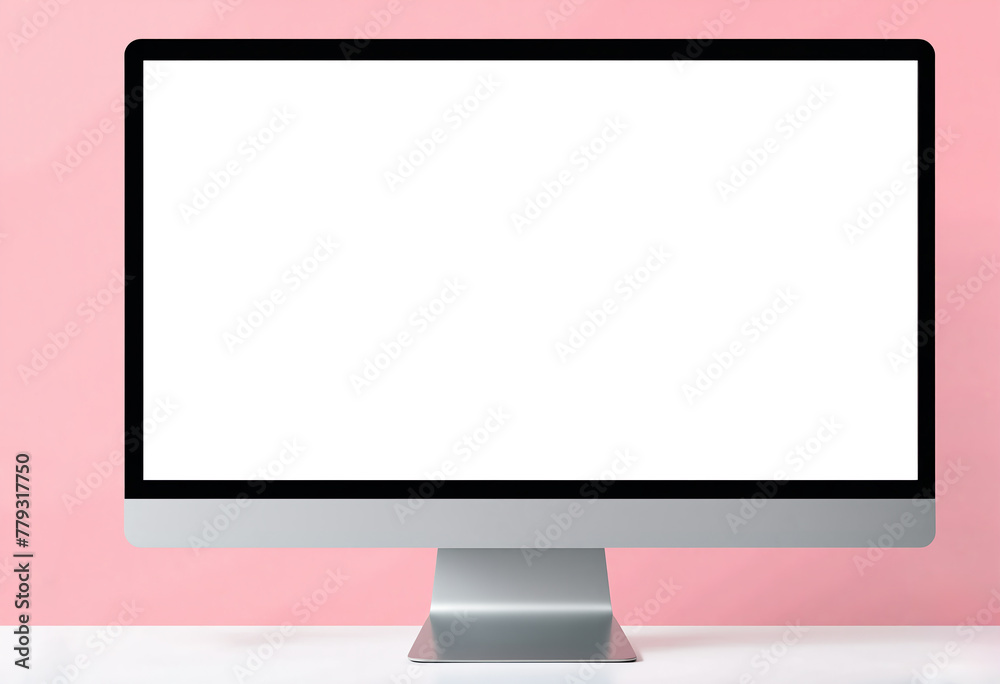 Minimalist mockup of computer display on desk in home office. PC monitor with white copy space for customizable.