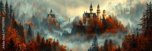 A medieval castle perched atop a hill, surrounded by a misty forest in autumn colors photo
