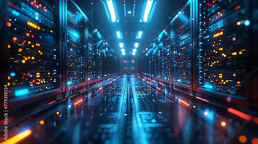 A network of futuristic computer servers emitting a soft blue light in a dark data center.