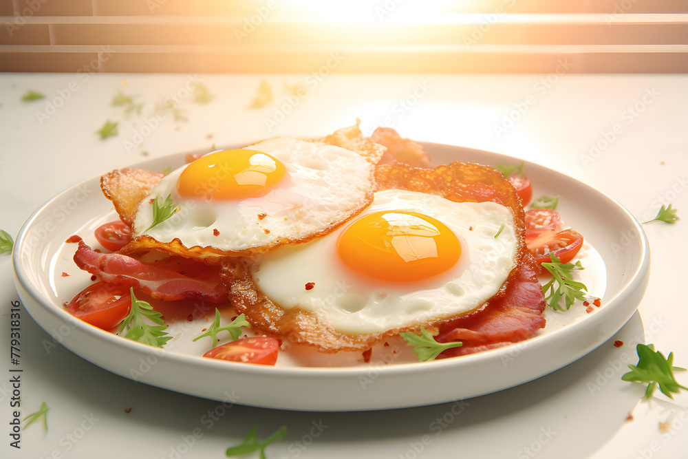 Close-up of a traditional English breakfast plate with fried eggs, , bacon , restaurant serving, generated by AI. Close-up of a traditional English breakfast plate with fried eggs, , bacon , restaurant serving, generated by AI.