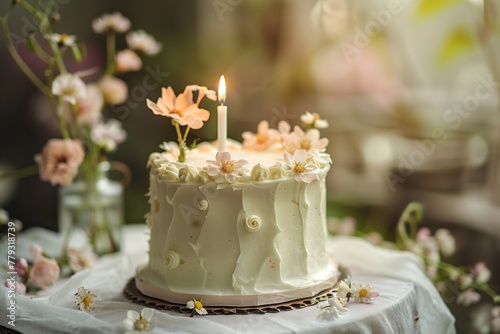 Charming Botanical Birthday Cake with Candle Amidst Floral Bliss
