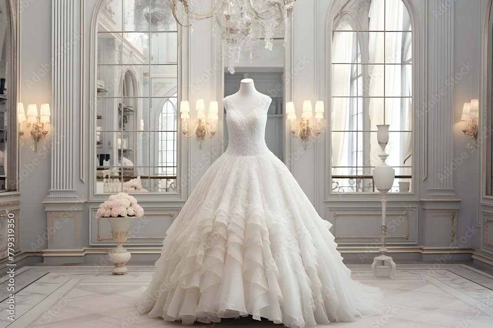 Lush white wedding dress on a mannequin in a pink interior, generated by AI Lush white wedding dress on a mannequin in a pink interior, generated by AI