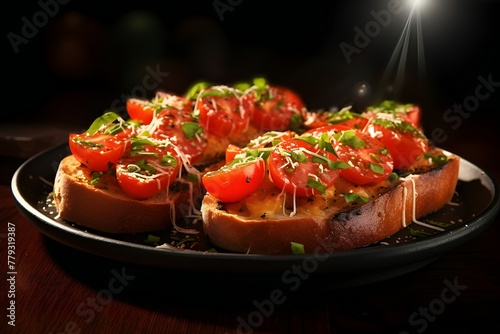 Italian bruschetta with fried tomatoes, mozzarella cheese and herbs on a cutting board, generated by AI