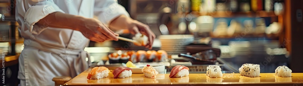 Serene sushi bar scene with a chef presenting a piece of sushi to a guest against the backdrop of a polished wooden counter Serene sushi bar scene with a chef presenting a piece of sushi to a guest against the backdrop of a polished wooden counter