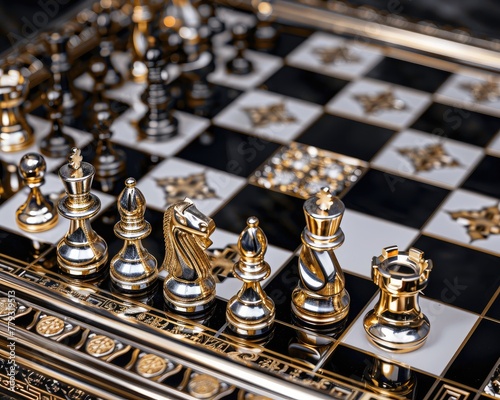 Close-up of a chessboard with pieces made of gold and silver