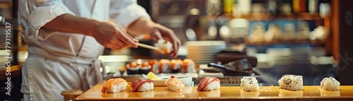 Serene sushi bar scene with a chef presenting a piece of sushi to a guest against the backdrop of a polished wooden counter