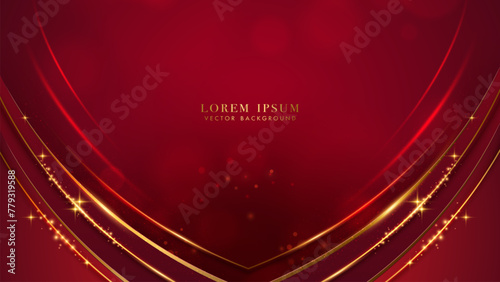 Red abstract luxury background with gold line curve element, glitter light effect and bokeh
