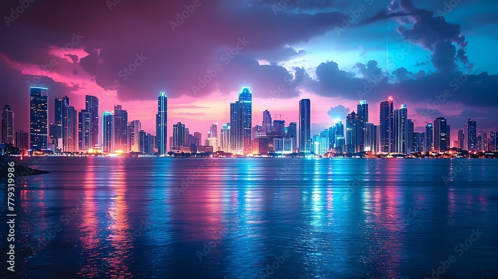A panoramic view of a modern city skyline at night, with skyscrapers illuminated by vibrant lights