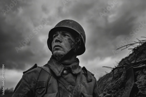 Poignant wartime portrait, sacrifice and bravery in a soldier's emotional photograph from the second great war, a powerful depiction of human toll and resilience amidst fight for liberty