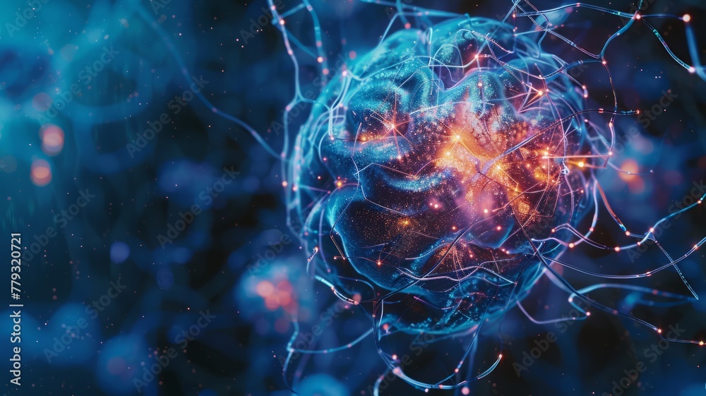 Digital rendering of a brain with neural connections - An intricate 3D digital rendering of a brain surrounded by a network of neural connections sparking with energy