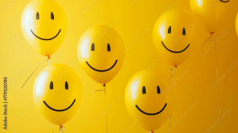 Naklejka premium Cheerful yellow balloons with smiley faces - Bright and cheerful, these yellow balloons with smiley faces symbolize happiness, joy, and fun against a warm yellow background