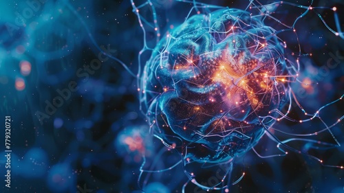 Digital rendering of a brain with neural connections - An intricate 3D digital rendering of a brain surrounded by a network of neural connections sparking with energy