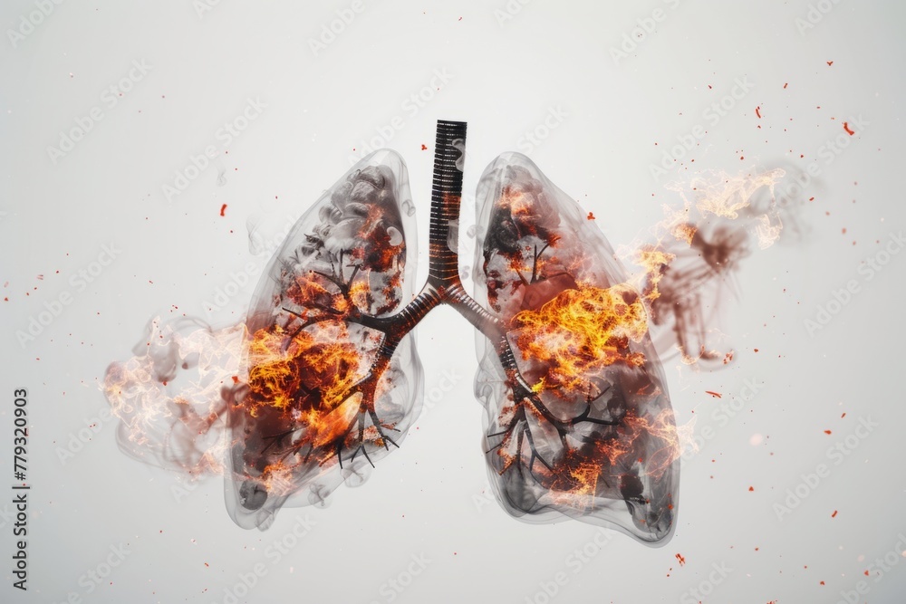 Exploding Human Lungs With Smoke And Fire Particles Illustration Of Exploding Human Lungs With Smoke And Fire Particles Illustration Of