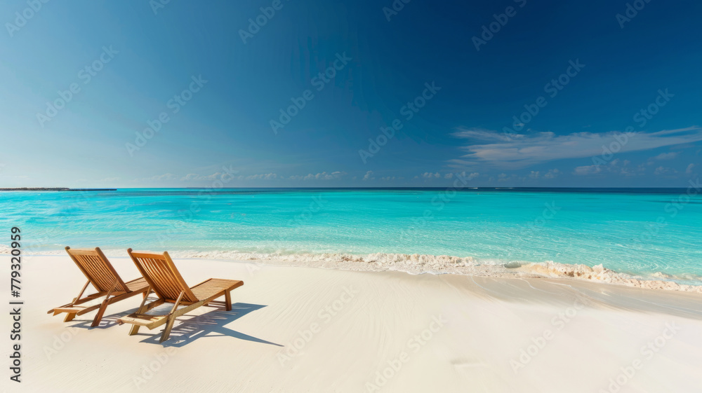 Loungers by a turquoise tropical ocean - Inviting tropical beach with wooden loungers on pristine white sands overlooking a beautiful turquoise ocean Loungers by a turquoise tropical ocean - Inviting tropical beach with wooden loungers on pristine white sands overlooking a beautiful turquoise ocean