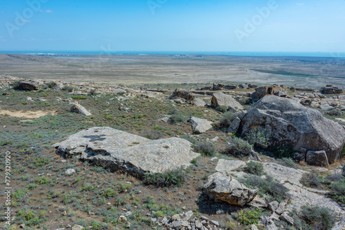 Panorama view of Qobustan in Azerbaijan photo