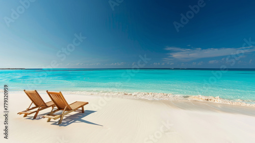 Loungers by a turquoise tropical ocean - Inviting tropical beach with wooden loungers on pristine white sands overlooking a beautiful turquoise ocean