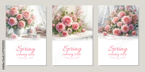 Background of a watercolor illustration of pink roses in a vase displayed by a windowsill