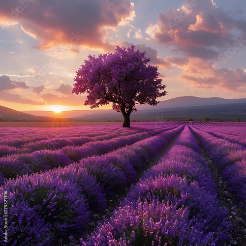 A picturesque lavender field under a pastel sunset, with a solitary tree in the background.