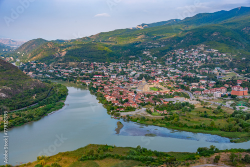 Panorama view of Mtskheta at confluence of Mtkvari and Kura rivers in Georgia