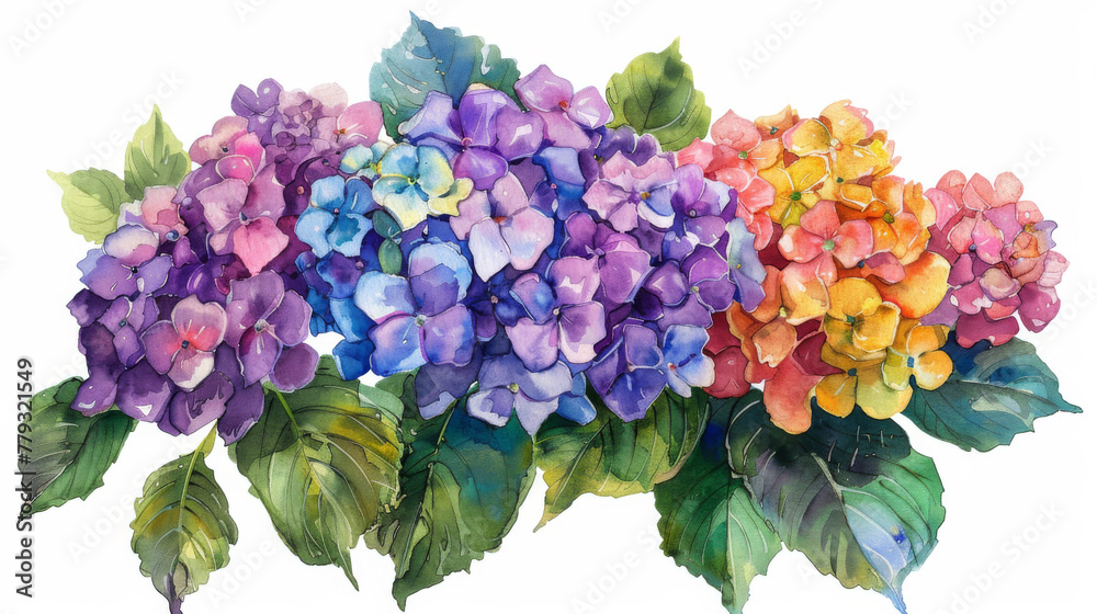 Artistic watercolor painting of lush hydrangea flowers in a spectrum of colors, beautifully representing spring and flora. - obrazy, fototapety, plakaty 