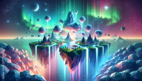 A surreal landscape featuring a series of floating islands, each with its own unique ecosystem, connected by cascading waterfalls of light, set against a backdrop of an aurora-filled sky