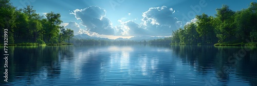 A serene lake surrounded by lush greenery, reflecting a clear blue sky dotted with fluffy clouds.