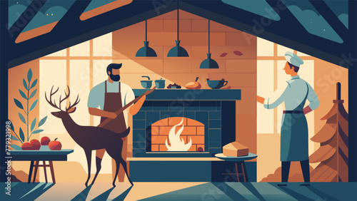 A rustic farmhouse setting with a couple baking a warm batch of ed hot cross buns in a woodfired oven while a friendly reindeer peeks in