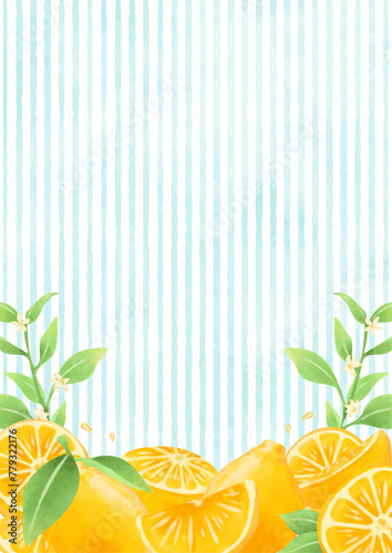 美しいレモンと青いストライプ柄の背景イラスト