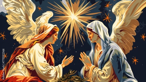 Annunciation to the blessed virgin mary under starry sky - Two angels are depicted in a nocturnal setting, sharing a miraculous moment under a starry sky