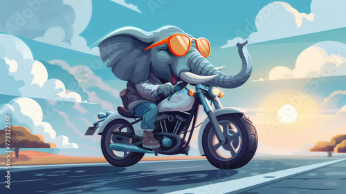 A whimsical illustration of an elephant wearing sunglasses and riding a motorcycle on an open road at sunset.