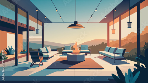 An outdoor patio transformed into an inviting oasis with a mix of modern outdoor furniture and charming vintage accents. A sleek fire pit is