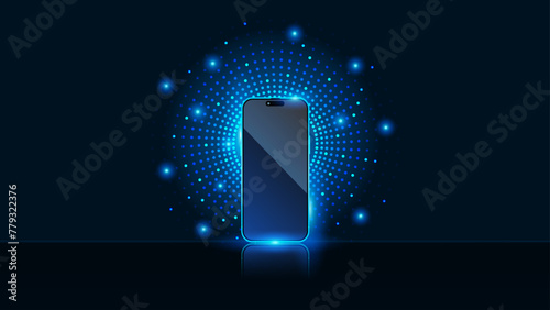 Smartphone blank screen and phone mockup with futuristic modern Neon glowing small circle dot background. Blue neon High tech concept with mobile phone. Vector.