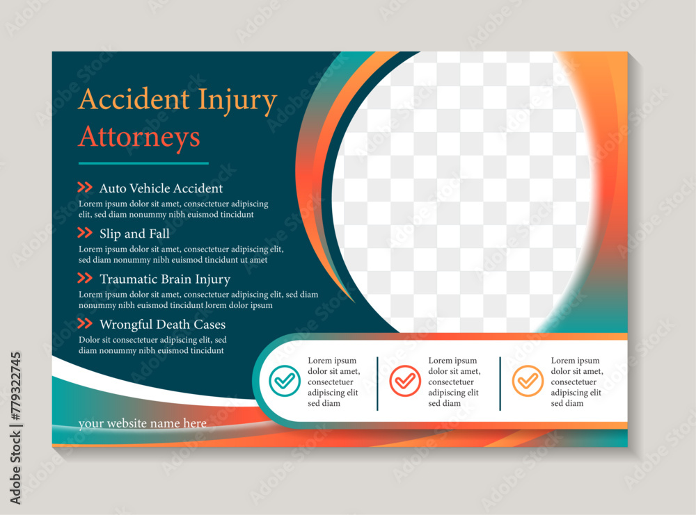 Accident injury attorneys horizontal banner design template. infographic design with space for photo collage. combination blue, red and orange gradient color. Accident injury attorneys horizontal banner design template. infographic design with space for photo collage. combination blue, red and orange gradient color.