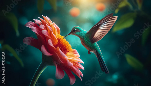 A hummingbird in mid-flight, delicately drinking nectar from a vibrant flower. photo