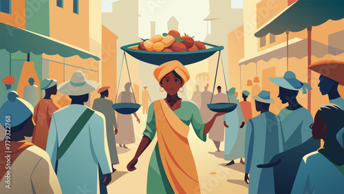 In a crowded market a vendor expertly balances a basket of produce on her head as she weaves through the throng of people. The photographer