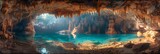 A sprawling underground cave filled with stalactites and stalagmites, and a clear blue underground lake. 