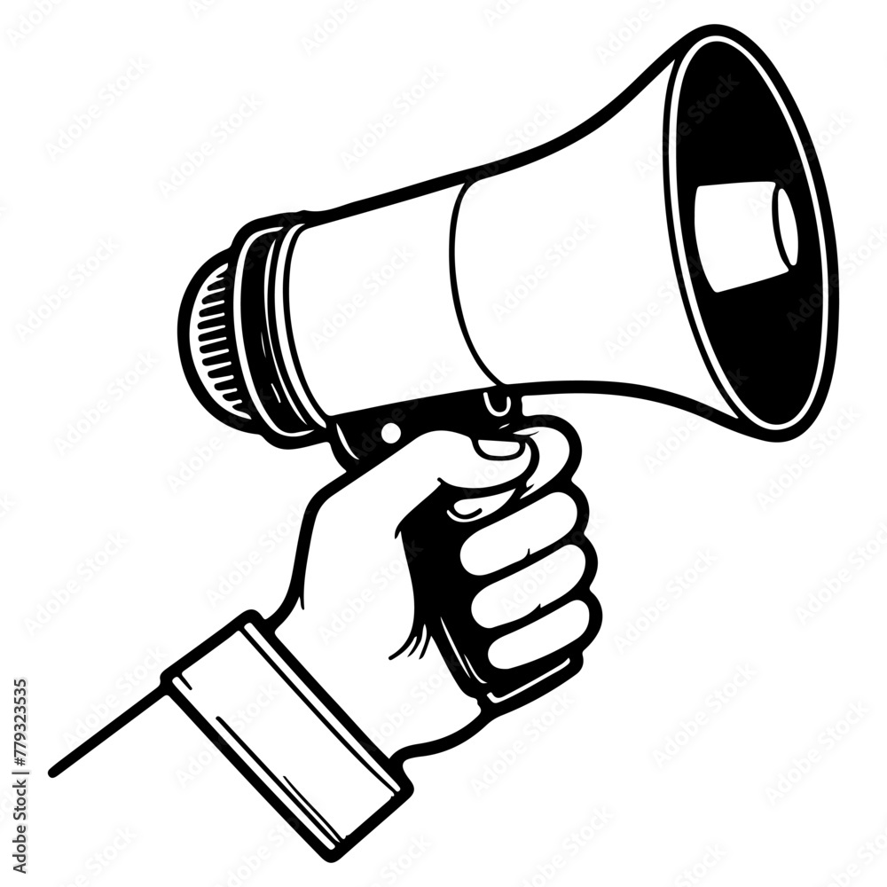 One continuous line drawing of hand holding a megaphone outline doodle vector illustration on white background One continuous line drawing of hand holding a megaphone outline doodle vector illustration on white background