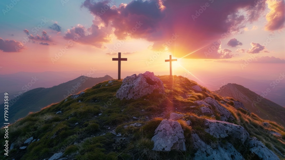 Sunset behind crosses on a mountain peak - A breathtaking view of twilight with crosses on a mountain peak, emblematic of hope and spiritual awakening Sunset behind crosses on a mountain peak - A breathtaking view of twilight with crosses on a mountain peak, emblematic of hope and spiritual awakening
